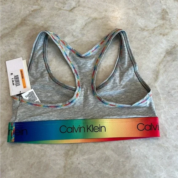 NWT Calvin Klein Modern Cotton Pride unlined razor back bralette in grey/rainbow - Picture 2 of 2
